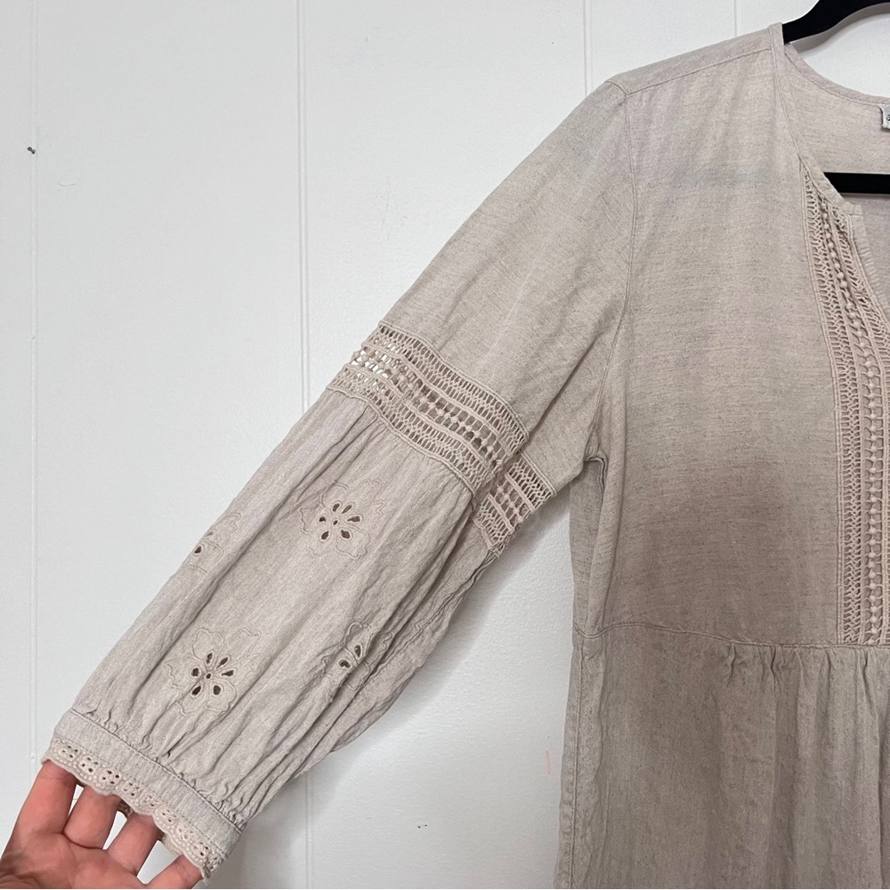 Tommy Bahama St. Lucia Linen Tan Eyelet Mini Dress Coastal Balloon Sleeve Size S - Picture 8 of 10